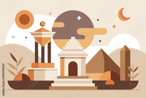 Ancient temple and pyramid landscape with abstract shapes