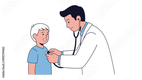 Doctor's Examination: A medical professional uses a stethoscope to listen to a young patient's heartbeat, representing healthcare, wellness and compassion. 