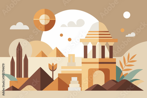 Ancient temple pyramids desert landscape flat landscape