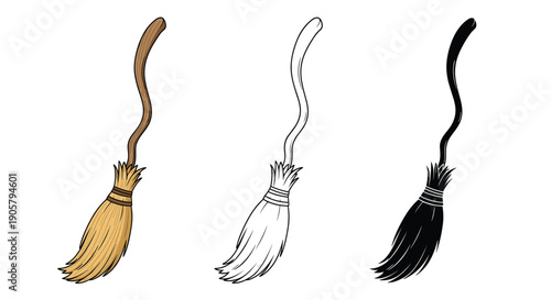 Three different styles of a witch broom including full color line art and solid black silhouette on white background.