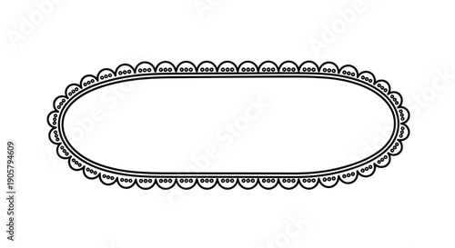 Decorative scalloped oval frame with small dots for border design or message label in black line art style.