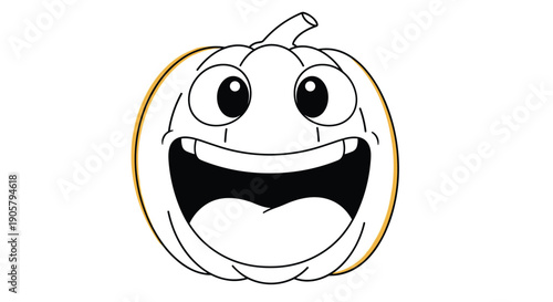 Cute cartoon pumpkin with a big happy smile and large eyes in black and white line art for kids coloring book.