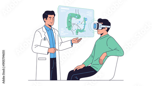 Innovative Virtual Reality Medical Consultation: A doctor explains the intricacies of the human body through virtual reality technology to the patient. An immersive experience.