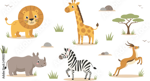 African Safari Animal Illustration Set, Cute Cartoon Lion, Giraffe, Zebra, and Rhino for Nursery Decor and Kids Education