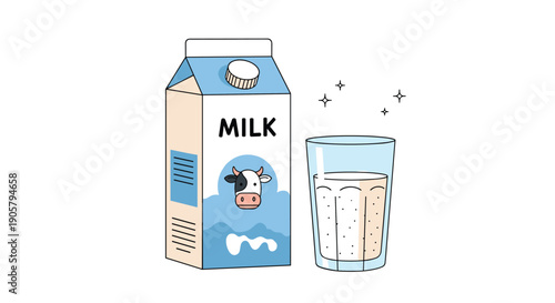 Healthy breakfast illustration with a blue milk carton and a glass full of fresh milk with bubbles and stars.
