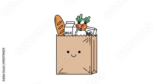 Smiling grocery bag overflowing with bread milk carrots and other grocery essentials