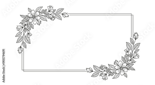 Elegant double line rectangular frame with delicate hand drawn flower arrangements in the corners for invitation.