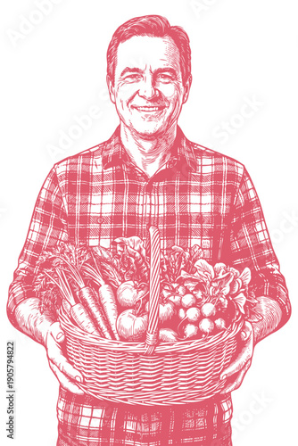 A smiling farmer in a plaid shirt holding a wicker basket full of fresh vegetables and fruit. Vector illustration in a classic vintage engraving style.
