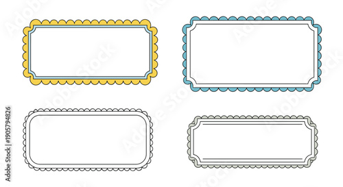 Set of four decorative scalloped rectangular labels in various colors and styles for organizing and name tags.