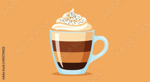 Delicious layered coffee or cappuccino in a glass cup with whipped cream and cocoa powder on orange background.