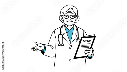 Medical Professional's Consultation: A wise, experienced physician stands ready to share a diagnosis or offer a consultation, pen in hand, holding a medical report
