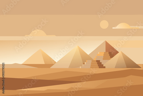 Pyramids in desert landscape with sand and sunset ancient civilization