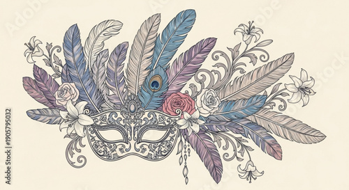 Ornate masquerade mask with colorful feathers and flowers decoration