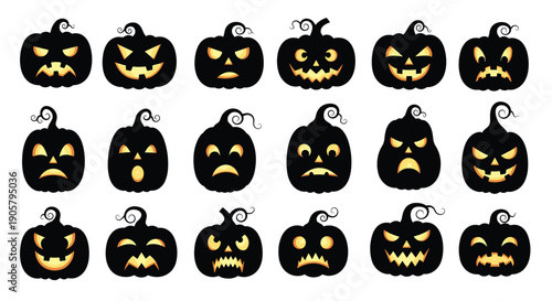 Array of eighteen black jack-o-lantern pumpkins with various glowing faces provides spooky characters for halloween holiday graphics.