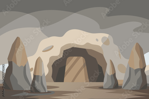 Stone age cave entrance with rocks ancient prehistoric