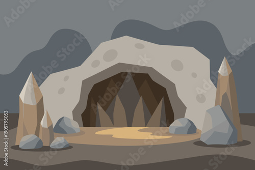 Stone age cave entrance with rocks and crystals ancient