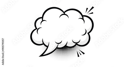 Comic-style speech bubble with a fluffy cloud shape and halftone shadow provides a classic graphic element for dialogue and thoughts in storytelling.