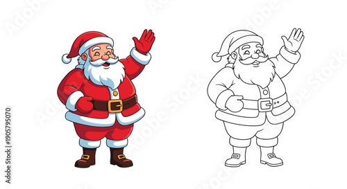 Jolly Santa Claus waving in a red suit is presented in both colored and outline versions providing a festive holiday character for christmas designs.