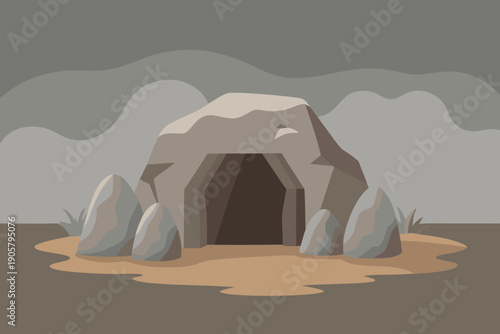 Stone age cave entrance with rocks and sandy ground