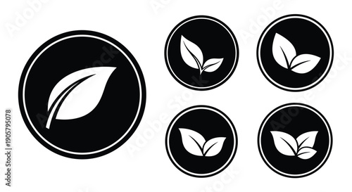 Collection of white leaf icons on black circular backgrounds showcases various leaf shapes for environmental and nature-inspired branding and logos.