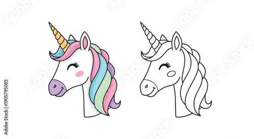 Pair of unicorn head illustrations with one colored in rainbow pastels and one as a simple outline offers a magical and whimsical character for kids.