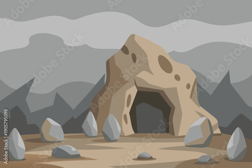 Stone age cave entrance with rocks and mountains prehistoric