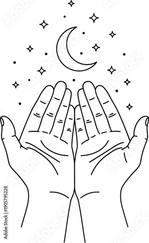 Minimalist line art illustration depicting cupped hands gently holding a mystical crescent moon surrounded by tiny sparkling stars and celestial dots