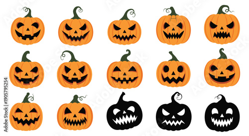 Large grid of fifteen pumpkins with various facial expressions in orange and black styles provides options for creative halloween holiday projects.