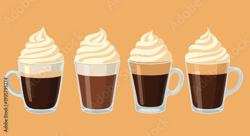 Four glasses of dark coffee topped with swirls of whipped cream are set against an orange background for a warm and inviting beverage illustration.