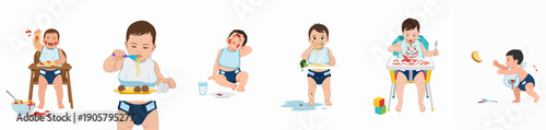 A funny vector illustration set depicting the messy and chaotic stages of a baby learning to eat solid food in various situations, including spaghetti and sauce.