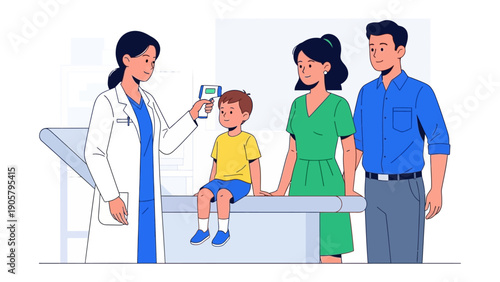 Healthcare Checkup: A doctor uses a thermometer to check a child’s temperature, while the parents look on in this illustration of a medical checkup, showing the importance of health and care. 