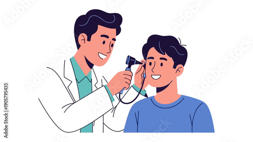 Medical Examination: A health professional examining a patient's ear with an otoscope, highlighting the importance of healthcare checkups and the doctor-patient relationship.