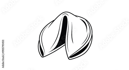 Detailed black and white line drawing of a single fortune cookie with soft shadows isolated on a white background.