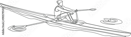 Single continuous line drawing depicts an athlete gracefully rowing a narrow scull boat across calm water during a competitive water sport event.