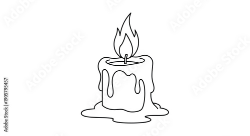Simple line-art illustration of a melting wax candle features a large flickering flame and drips running down the sides of the pillar.