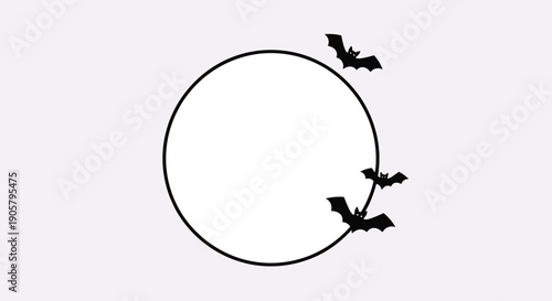 Large circular full moon is surrounded by three black bats flying at different heights to create a classic night scene for Halloween.
