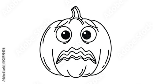 Scared pumpkin face with large expressive eyes and a wavy trembling mouth is illustrated in a simple black and white line-art style.