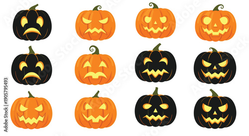 Grid of twelve Halloween jack-o-lanterns in orange and black showcases a wide variety of carved facial expressions for spooky fun.