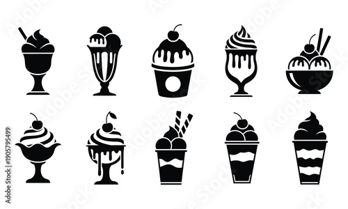 Collection of various ice cream sundaes and milkshakes in black and white