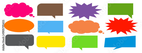 A simple design set of colorful message comment chat boxes. A collection of comic and social media speech bubbles, text boxes, and chat boxes. A vector set of comic and social media speech bubbles.