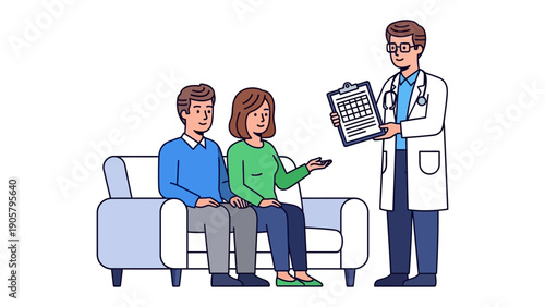 Healthcare Consultation: A doctor explains test results to a couple in a comfortable and reassuring consultation setting, with a focus on trust and well-being.
