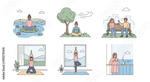 Peaceful Mindset Calm Moments Daily Life Relaxation Activities Outdoors Indoors Healthy Habits Serenity Lifestyle Wellness And Balance Concepts