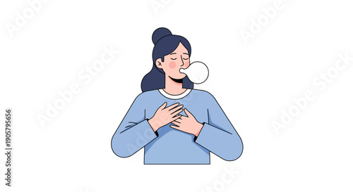 Woman exhaling with closed eyes holding hands on chest representing calmness and deep breathing for wellbeing minimalist style