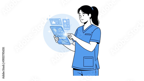 The Visionary Caregiver: A skilled healthcare professional utilizes advanced technology, engaging with interactive digital interfaces for improved patient care.