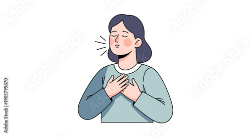 Woman takes a deep breath with hands on chest finding calm and serenity in quiet contemplation on white background