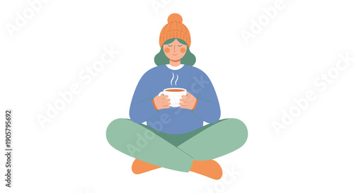 Cozy Person Wearing Winter Hat and Sweater Enjoys Warm Beverage in Relaxed Seated Pose on White Background