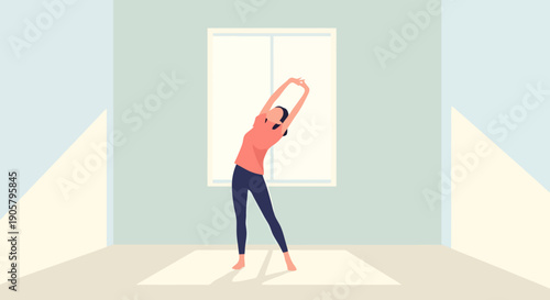 Woman performing side bend stretch exercise indoors on a yoga mat with sunlight streaming through a window creating a bright atmosphere