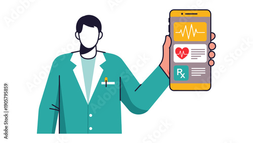 Telemedicine Application Demonstration: A doctor, illustrating telehealth, displays a smartphone showcasing health data and prescriptions.
