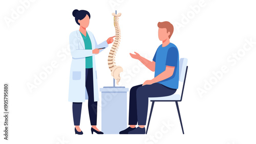 Spine Examination: A healthcare professional points at a spine model while consulting with a patient, highlighting concepts of spinal health and medical care.
