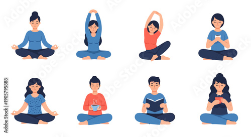 Diverse Group Meditating Relaxing Seated Cross Legged Poses Peaceful Calm Individuals Engaging In Serene Activities Lifestyle